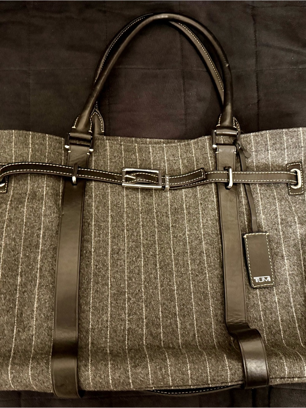 TUMI Gray Pinstripe Tote Black Leather Trim Executive Work Laptop Bag
